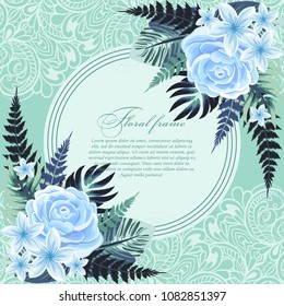 Vector banner with tropical leaves and flowers on light blue  background.  Design for invitation card, wedding.