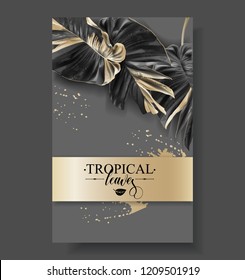 Vector banner with tropical leaves and gold splashes on dark background. Luxury exotic botanical design for cosmetics, spa, perfume, aroma, beauty salon. Best as wedding invitation card