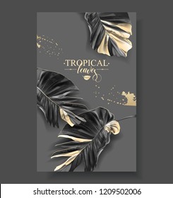 Vector banner with tropical leaves and gold splashes on dark background. Luxury exotic botanical design for cosmetics, spa, perfume, aroma, beauty salon. Best as wedding invitation card Vector banner with tropical leaves and gold splashes on dark background. Luxury exotic botanical design for cosmetics, spa, perfume, aroma, beauty salon. Best as wedding invitation card