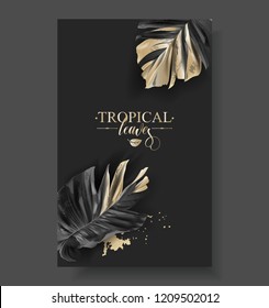 Vector banner with tropical leaves and gold splashes on dark background. Luxury exotic botanical design for cosmetics, spa, perfume, aroma, beauty salon. Best as wedding invitation card