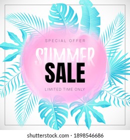 Vector Banner with Tropical Leaves and Text Summer Sale on the Abstract Pink Watercolor Smear. White background. Discount Poster. 