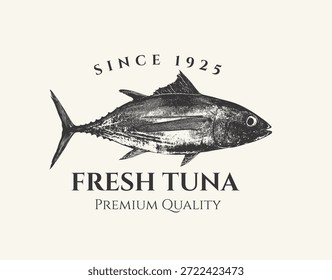 Vector Anuncio con atún sobre animales marinos y vida oceánica. Logotipo, menú, etiqueta para el restaurante, café. Letrero para el mercado de pescado, tienda. Comida enlatada. Impresión, tela, textil. Camiseta. 