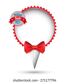 Vector banner tuxedo red bow tie with retro vintage badges. Vector illustration