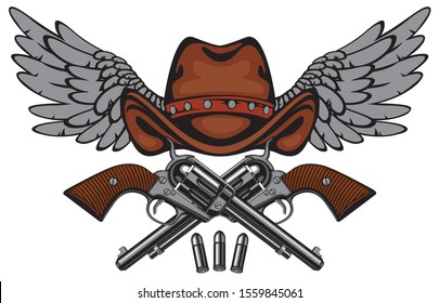 Vector banner with two big old revolvers, brown cowboy hat and wings isolated on white background. Banner on firearms and pistols theme. Design elements for logo, label, sign, t-shirt design, tattoo