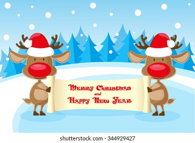 Vector banner two funny deer in santa claus hat at the ice rink with merry christmas scroll on blue background
