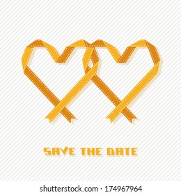 Vector banner with two hearts from gold paper ribbons. Valentine's Day, wedding card. Original modern design element for print, web