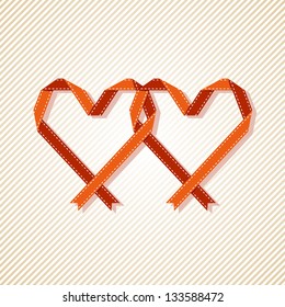 Vector banner with two hearts made from interweaving red paper ribbons. Origami modern simple background with text box for presentation. Original greeting, invitation card Valentine's Day, wedding
