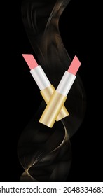 vector banner with two lipsticks. flat poster image with gold lipstick tubes. open lipsticks on black background