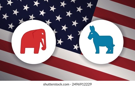 Anuncio de Vector con dos importantes partidos políticos de Estados Unidos, con un elefante rojo que representa a los republicanos y un burro azul que representa a los demócratas, con un fondo de bandera estadounidense.