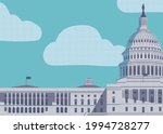 Vector banner with US Capitol building in Washington, DC. The Western facade of the Capitol. Stylized illustration of the American national landmark close-up in retro style