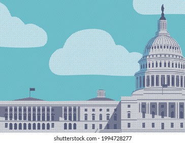 Vector banner with US Capitol building in Washington, DC. The Western facade of the Capitol. Stylized illustration of the American national landmark close-up in retro style