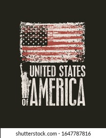 Vector banner with the US flag and the inscription United Stated of America in grunge style. Suitable for poster, banner, t-shirt design, postcard, flyer, badge, label, graphic print, design element