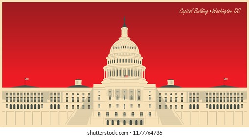 Vector Banner With US National Capitol Building In Washington, DC. American Landmark. The Western Facade Of The Capitol