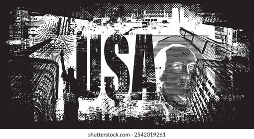 vector banner of USA with American Statue of Liberty and dollar and massonic simbol in art grunge background of spots and geometric shapes from elements of New York city architecture