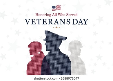 Banner vetorial com bandeira dos EUA, silhuetas de soldados homenageando veteranos e heróis caídos. Dia dos Veteranos dos EUA e eventos de orgulho nacional.