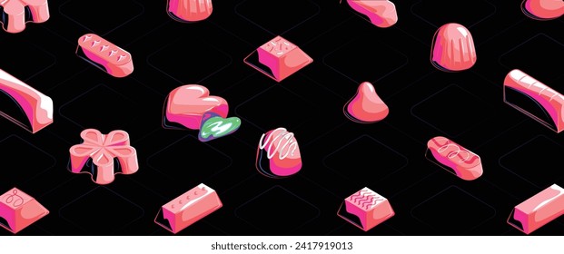 Vector banner of Valentine's chocolates with a bitten, bleeding heart-shaped piece, symbolizing bittersweet love.