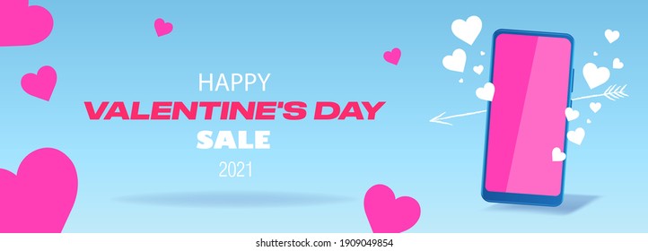 Vector banner for Valentine's Day 2021. Phone with an arrow and pink hearts on a blue background, as love correspondence. Promotional poster. Delivery and purchase via the Internet in the online store