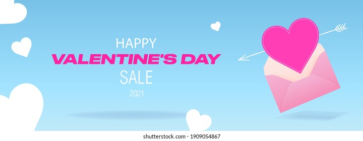 Vector banner for Valentine's Day 2021. Mail envelope with a pink heart and an arrow as a symbol of love. Order home delivery online through the online store. Promotional poster. Congratulation 