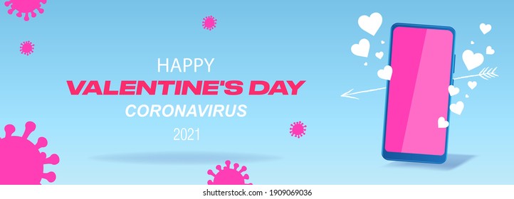 Vector banner for Valentine's Day 2021 coronavirus. Mobile phone with pink hearts and covid-19 bacteria. Order home delivery through the online store. Love correspondence. Love symbol poster