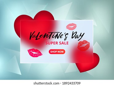 Vector Banner for Valentine's Day Sale. Holiday Offer Concept with Blurred Hearts and Kisses on Frosted Glass for Web Banners and Posters