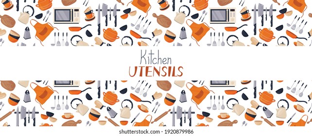 Vector banner with a variety of kitchen accessories. Kitchen utensils. Seamless background. Pot, kettle, knives, plates, cups.