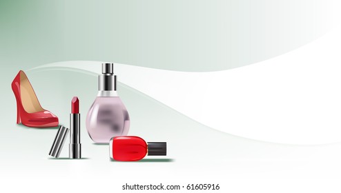 vector banner with various objects for woman beauty and place for your text