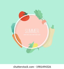 Vector banner with vegetables: carrot, radish, tomato, corn and place for text on green background. Template for site, poster, web and advertising banner, article about garden or health, card or flyer