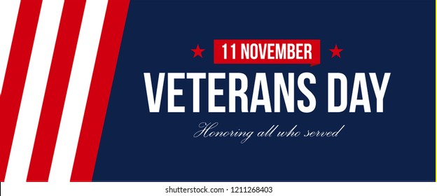 Vector banner of Veterans Day USA. November is Honoring all who saved month. Poster design. Negative space style design text.