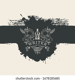 Pancarta vectorial con viñeta o logotipo para escritor sobre el fondo de puntos negros abstractos en estilo retro. Ilustración artística con peine, ángeles, curos, manchas negras y salpicaduras.