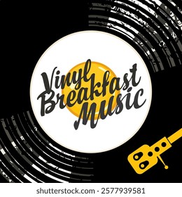 Vector banner for vinil store or menu for retro music restaurant decorated with old vinyl record, record player and lettering on black background in retro style