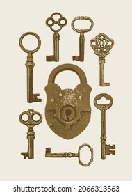 Vector Banner With Vintage Bronze Keys And Lock On A Light Background. Realistic Illustration With Old Padlock And A Set Of Beautiful Antique Keys Of Various Shapes In Retro Style