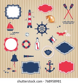 Vector banner, vintage frame, design elements. Nautical collection, marine travel icons.