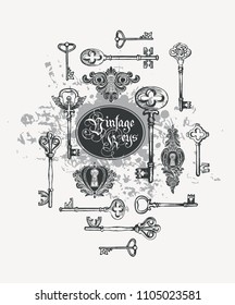 Vector banner with vintage keys, keyholes and lettering in retro style. Gothic font. Hand drawn illustration on abstract background with spots and blots