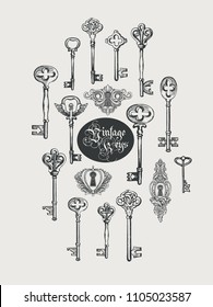 Vector banner with vintage keys, keyholes and lettering in retro style. Gothic font. Hand drawn illustration