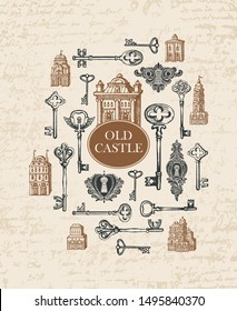 Vector banner with vintage keys, keyholes, old building and inscription Old castle. Hand-drawn illustration in retro style on abstract background of faded old manuscript with spots and blots