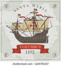 Vector banner with a vintage sailing yacht of Columbus and the words Santa Maria. Illustration on the theme of travel, adventure and discovery on the background of old map