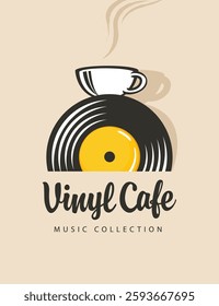 Vector banner for vinyl record store or menu for retro music restaurant, cafe, decorated with old vinyl record, cup, record player and lettering on light background in vintage style