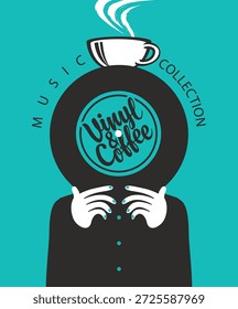 Vector banner for vinyl record store or menu for retro music cafe with vinyl record in the hands of person covers his face and cup of coffee and lettering vinyl cafe in vintage style
