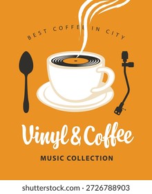 Anuncio de Vector para tienda de discos de vinilo o menú para restaurante de música retro, cafetería con disco de vinilo antiguo, taza, cuchara, reproductor de discos y letras sobre fondo claro en estilo vintage. No ai
