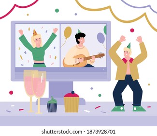 Vector banner with virtual party, video chat, online internet birthday celebration for friends stay home in quarantine or living far away. People play guitar, dance and drink drinks