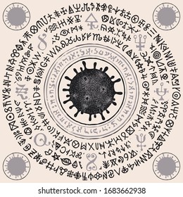 Vector banner with virus cells and magic runes. A hand-drawn mandala with dangerous COVID-19 virions and doodles that imitate magic symbols but do not give information. Stop coronavirus concept