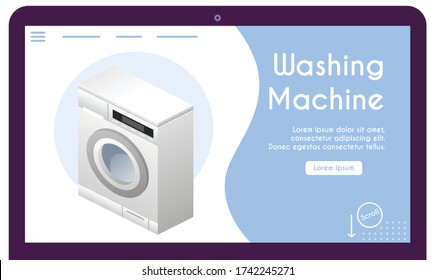 Vector Banner der Waschmaschine in isometrischer Ansicht. Ausrüstung für Wäschekleidung in der Wäsche Konzept. Illustration des Gerätes für Badezimmer moderne Gestaltung Interieur. Entwurf der Bannervorlage, Zielseite
