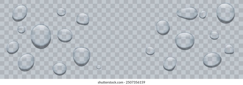 Vector banner. Water drops in transparent background with copy space