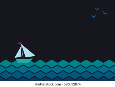 Vector banner with waves, seagulls, boat and place for your text