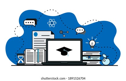 Vector banner, Web illustration with Laptop, documents, watch, though, the cap of a graduate. Flat education, training, an online textbook, e-learning concept.