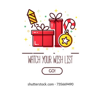 Vector banner for web with a pile of presents and gift boxes and Christmas icons, modern concept for wish list.