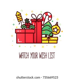 Vector banner for web with a pile of presents and gift boxes and Christmas icons, modern concept for wish list.