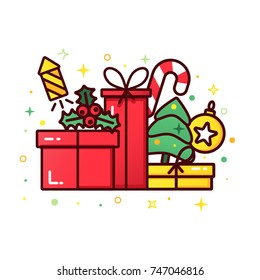 Vector banner for web with a pile of presents and gift boxes, Christmas tree, ball, holly and fireworks, modern concept for wish list.