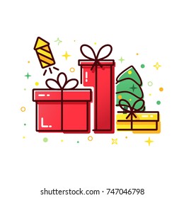 Vector banner for web with a red gift boxes, Christmas tree, confetti and fireworks, modern concept for wish list.