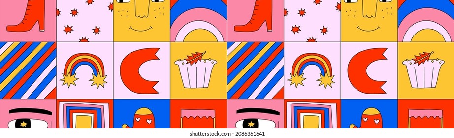vector banner for website - festive christmas patchwork. 80s funky groovy web design template. Horizontal border collage of geometric party elements